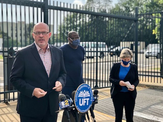 United Federation of Teachers union president Michael Mulgrew at a press conference on unsafe conditions at a District 75 school Wednesday.